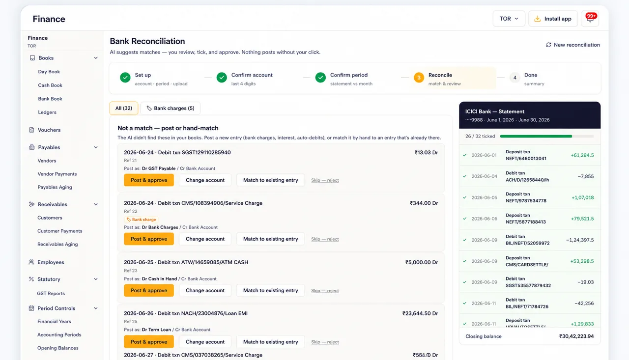FuelGenius bank reconciliation — AI-matched statement lines with one-click post & approve